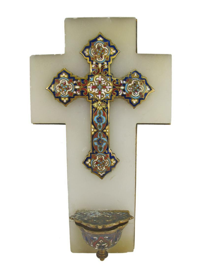 Antique bronze champleve & onyx holy water cross (1 of 4)