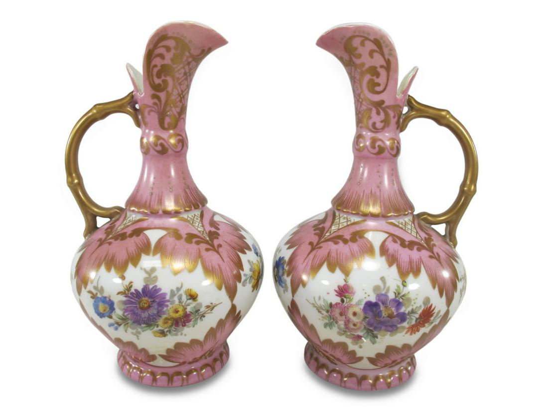 Antique French Limoges pair of porcelain jugs: Antique French Limoges pair of porcelain jugs. 8 7/8 H x 4 3/4 W x 4 1/2 D. TO SHIP THIS ITEM IN USA OR INTERNATIONAL, PLEASE CONTACT THE SHIPPERS : 1) UPS store1937- David Reiser -754-263-0780, aucti