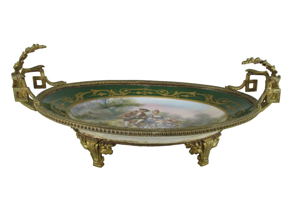 Antique French Sevres bronze & porcelain tray: Antique French Sevres bronze & porcelain tray with paintings signed by A. MAX. Size: 8 H x 19 W x 11 D. TO SHIP THIS ITEM IN USA OR INTERNATIONAL, PLEASE CONTACT THE SHIPPERS : 1) UPS store1937- David
