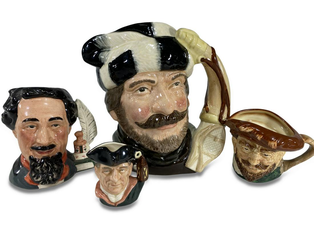 Royal Doulton, Charles Dickens, Night Watchman, Trapper & Drake: Royal Doulton, Charles Dickens, Night Watchman, Trapper & Drake toby jugs. 4 3/8 H x 4 1/4 W x 3 1/4 D, 2 1/2 H x 2 1/2 W x 1 5/8 D, 7 3/8 H x 7 3/8 W x 5 D and 3 1/8 H x 4 3/8 W x 3 1/4 D. TO SHIP TH