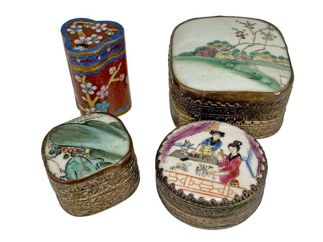 Set of 4 Chinese cloisonne & porcelain boxes: Set of 4 Chinese cloisonne & porcelain boxes. 1 1/2 H x 3 1/4 W x 2 3/4 D, 7/8 H x 2 1/8 W, 1 1/8 H x 1 1/2 W x 1 3/4 D and 2 1/4 H x 1 3/8 W. TO SHIP THIS ITEM IN USA OR INTERNATIONAL, PLEASE CONTACT