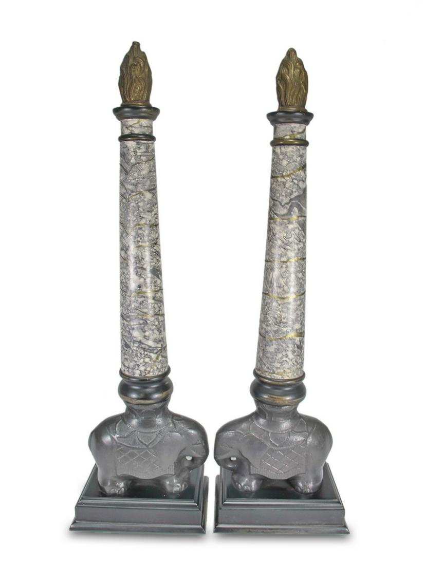 European pair of metal & resin elephants obelisks: European pair of metal & resin elephants obelisks. 18 1/4 H x 5 1/4 W x 3 3/4 D. TO SHIP THIS ITEM IN USA OR INTERNATIONAL, PLEASE CONTACT THE SHIPPERS : 1) UPS store1937- David Reiser -754-263-0780,