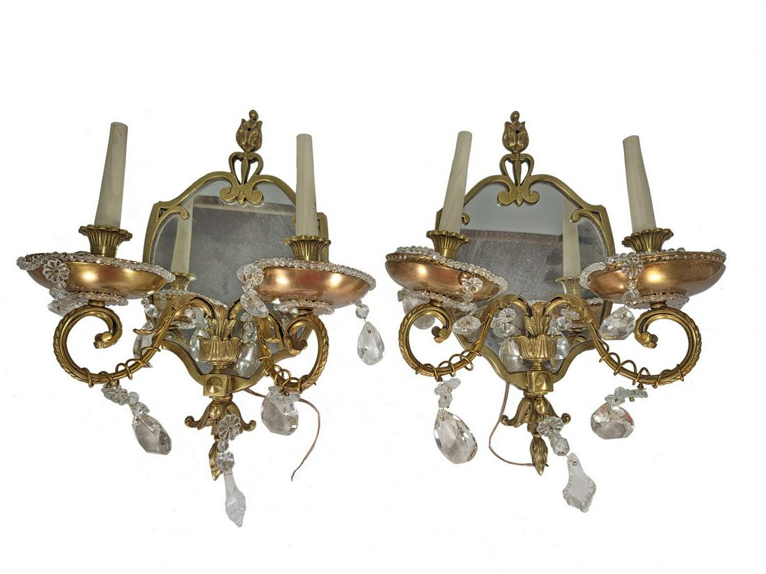 Antique French pair of bronze & glass mirrored sconces (1 of 6)
