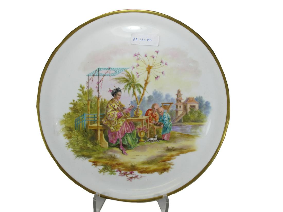 Antique French Chinoiserie porcelain plate: Antique French Chinoiserie porcelain plate. 3/4 H x 13 3/8 W. TO SHIP THIS ITEM IN USA OR INTERNATIONAL, PLEASE CONTACT THE SHIPPERS : 1) UPS store1937- David Reiser -754-263-0780, auctions1937@gmail.
