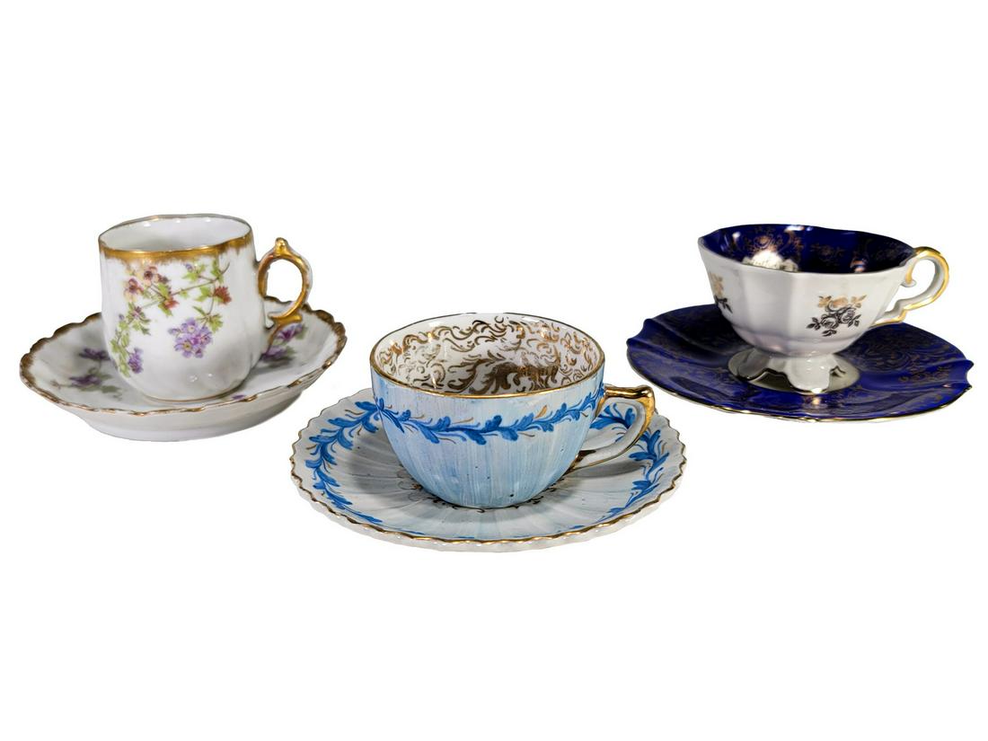 Set of 3 French & German cups with dishes: Set of 3 French & German cups with dishes. Bigger: 1 5/8 H x 2 7/8 W x 3 1/2 D. Disch: 4 5/8 W. TO SHIP THIS ITEM IN USA OR INTERNATIONAL, PLEASE CONTACT THE SHIPPERS : 1) UPS store1937- David Reiser 