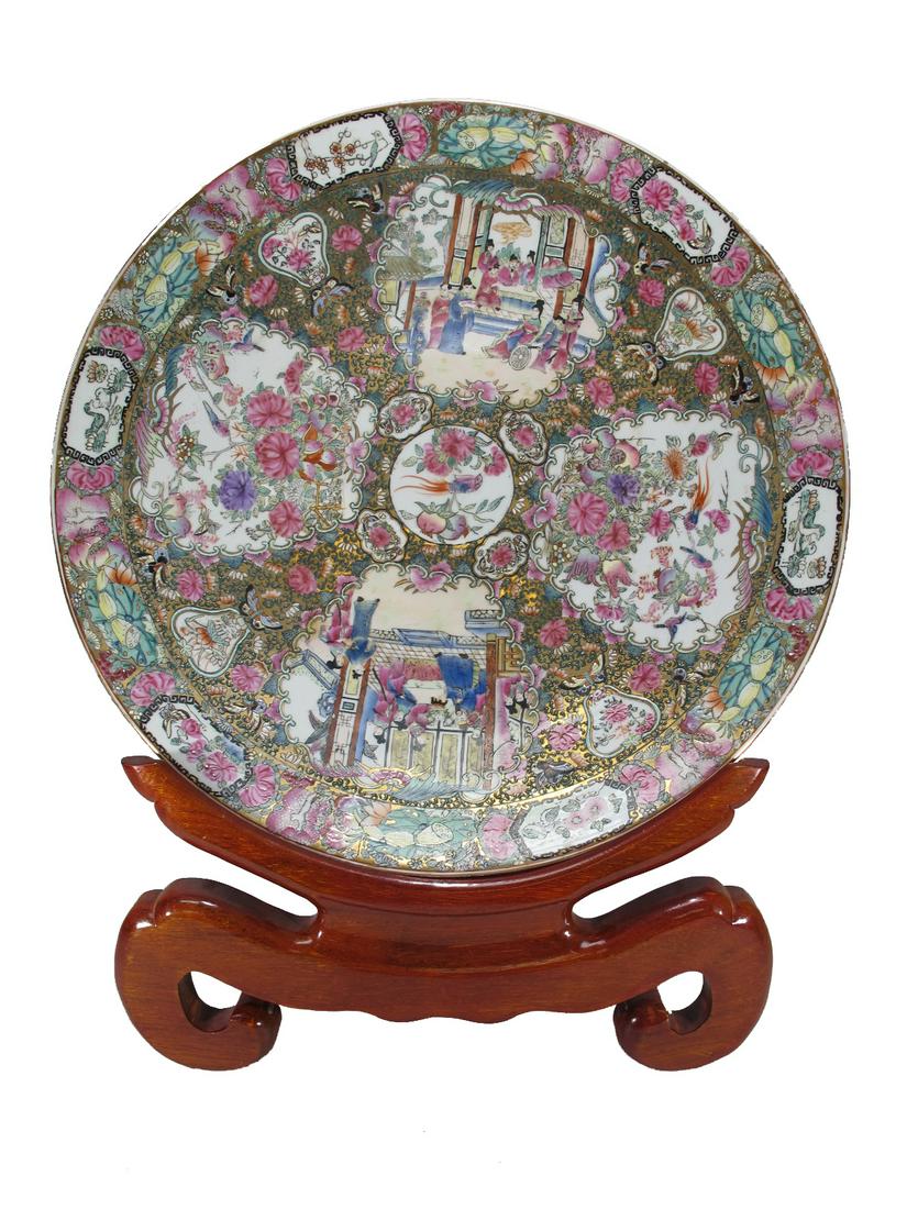 Vintage Chinese large porcelain plate with wood base (1 of 8)
