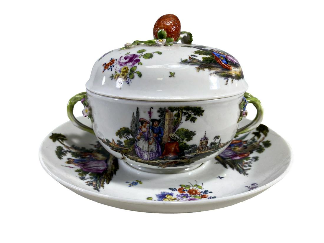 Antique German Meissen porcelain lided bowl & dish: Antique German Meissen porcelain lided bowl & dish. Bowl: 4 3/4 H x 6 1/2 W x 5 D. Dish: 1 1/8 H x 8 W. TO SHIP THIS ITEM IN USA OR INTERNATIONAL, PLEASE CONTACT THE SHIPPERS : 1) UPS store1937- David