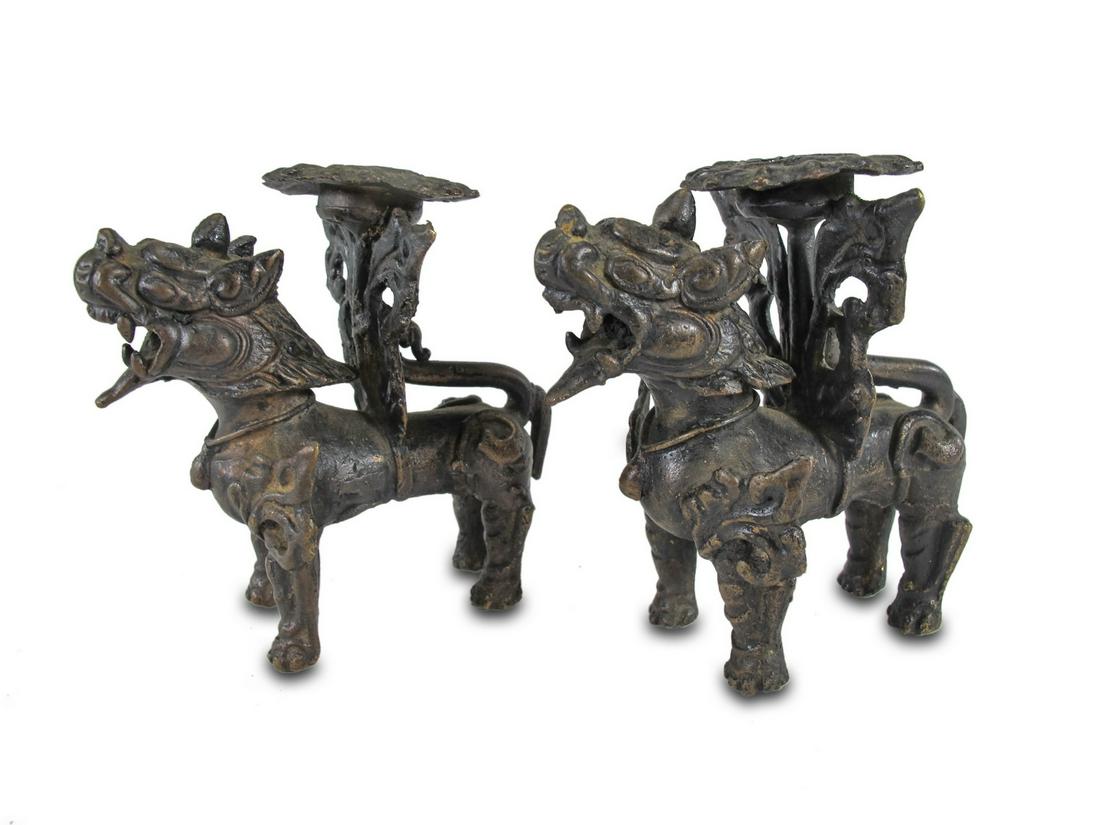 Antique Chinese pair of Foodogs candlesticks (1 of 4)