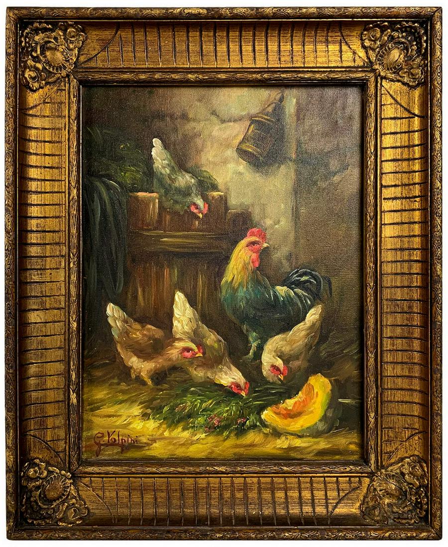 Signed G. Volpini oil on canvas chickens painting (1 of 5)