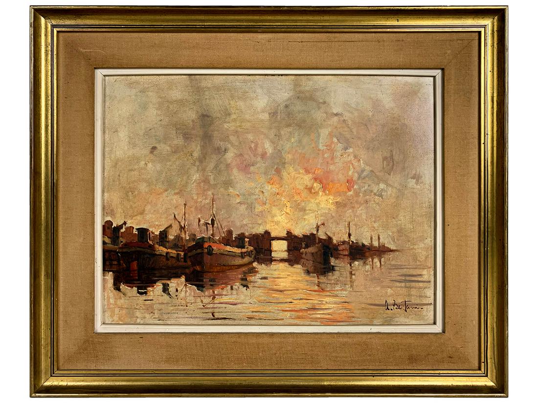 Alfredo BERTANI,1982 oil on masonite boats painting: Alfredo BERTANI,1982 oil on masonite boats painting. 17 1/4 H x 21 3/8 W including frame. 11 5/8 H x 15 3/4 W without frame. TO SHIP THIS ITEM IN USA OR INTERNATIONAL, PLEASE CONTACT THE SHIPPERS : 1)
