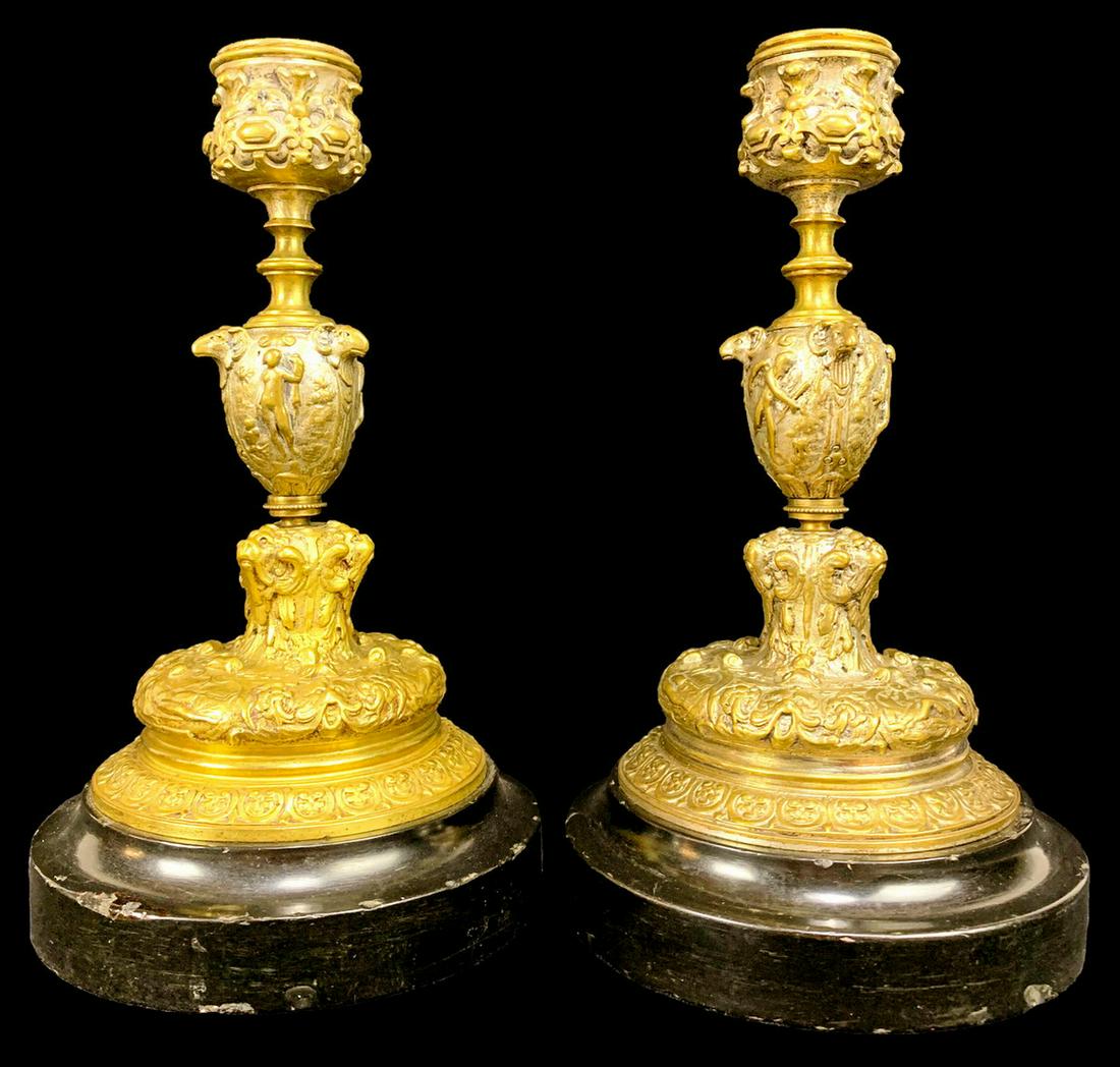 Antique French pair of gilt bronze & marble candleholders (1 of 4)