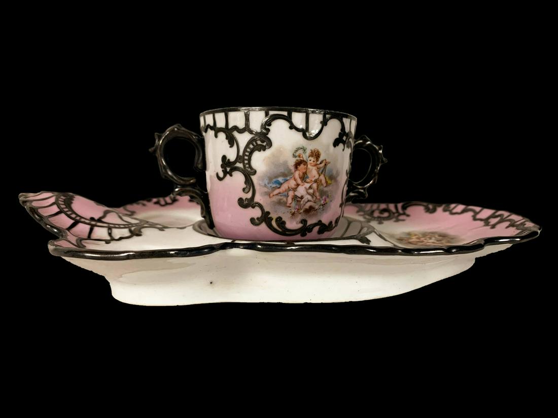 French Sevres Silver Overlay Porcelain Cup & Tray (1 of 5)