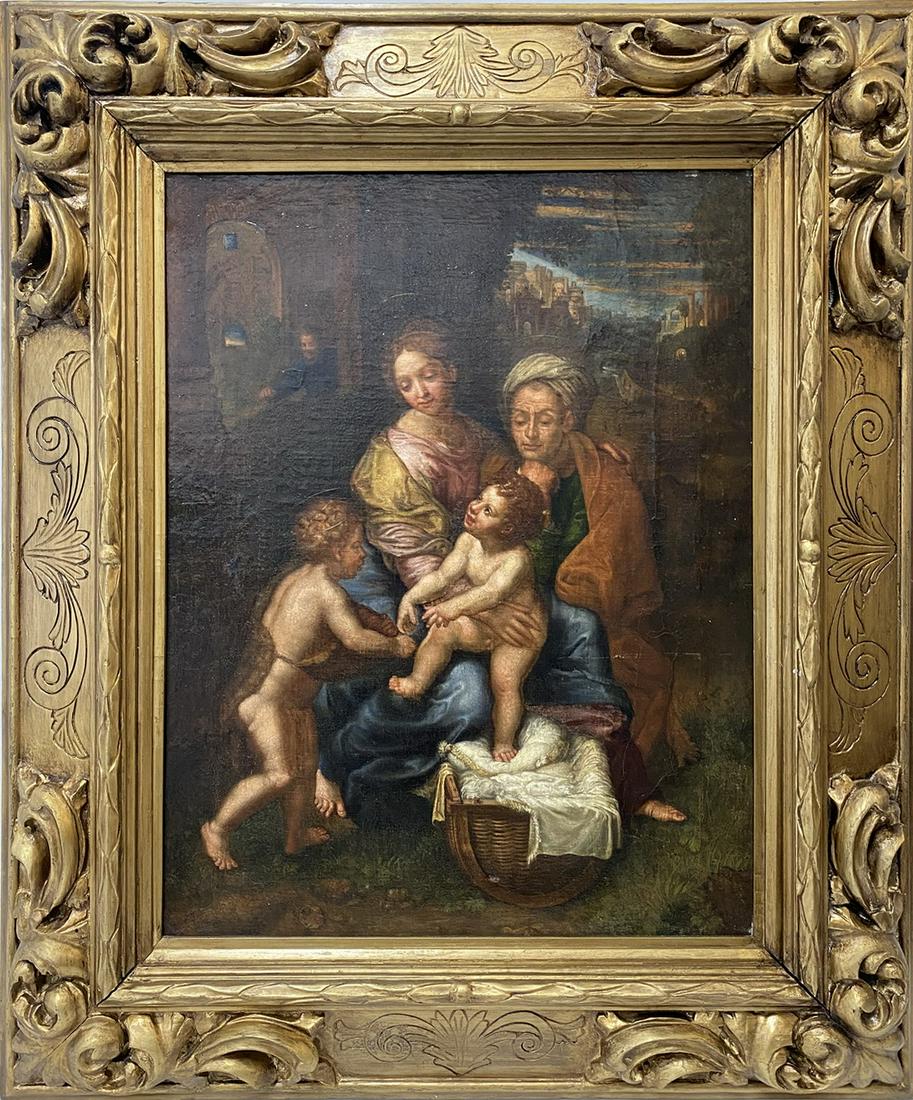 18th/19th Italian Romagnole School oil on canvas: 18th/19th Italian Romagnole School oil on canvas: The Virgin and Santa Ana with the child Jesus and San Juan Batista. 27 3/8 H x 23 W including frame. 19 3/8 H x 15 W without frame. TO SHIP THIS ITEM