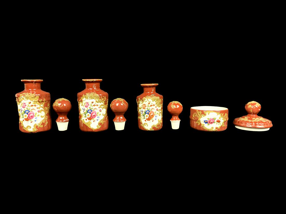 Set of 4 porcelain Petit Paris flasks: Set of 4 porcelain Petit Paris flasks. Bigger: 6 3/8 H x 2 3/8 W. Smaller: 4 H x 3 1/8 W. TO SHIP THIS ITEM IN USA OR INTERNATIONAL, PLEASE CONTACT THE SHIPPERS : 1) UPS store1937- David Reiser -754-2