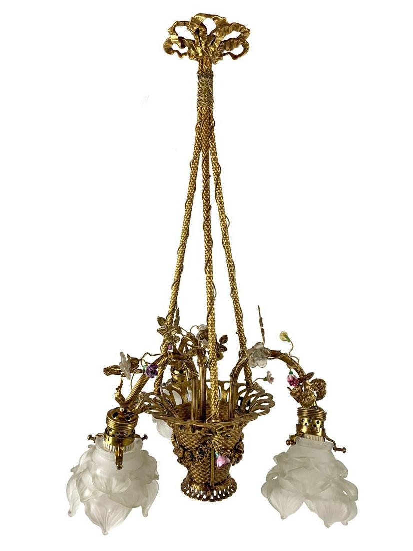 Antique French bronze, glass & porcelain chandelier: Antique French bronze, glass & porcelain chandelier. 25 3/4 H x 16 W. TO SHIP THIS ITEM IN USA OR INTERNATIONAL, PLEASE CONTACT THE SHIPPERS : 1) UPS store1937- David Reiser -754-263-0780, auctions193