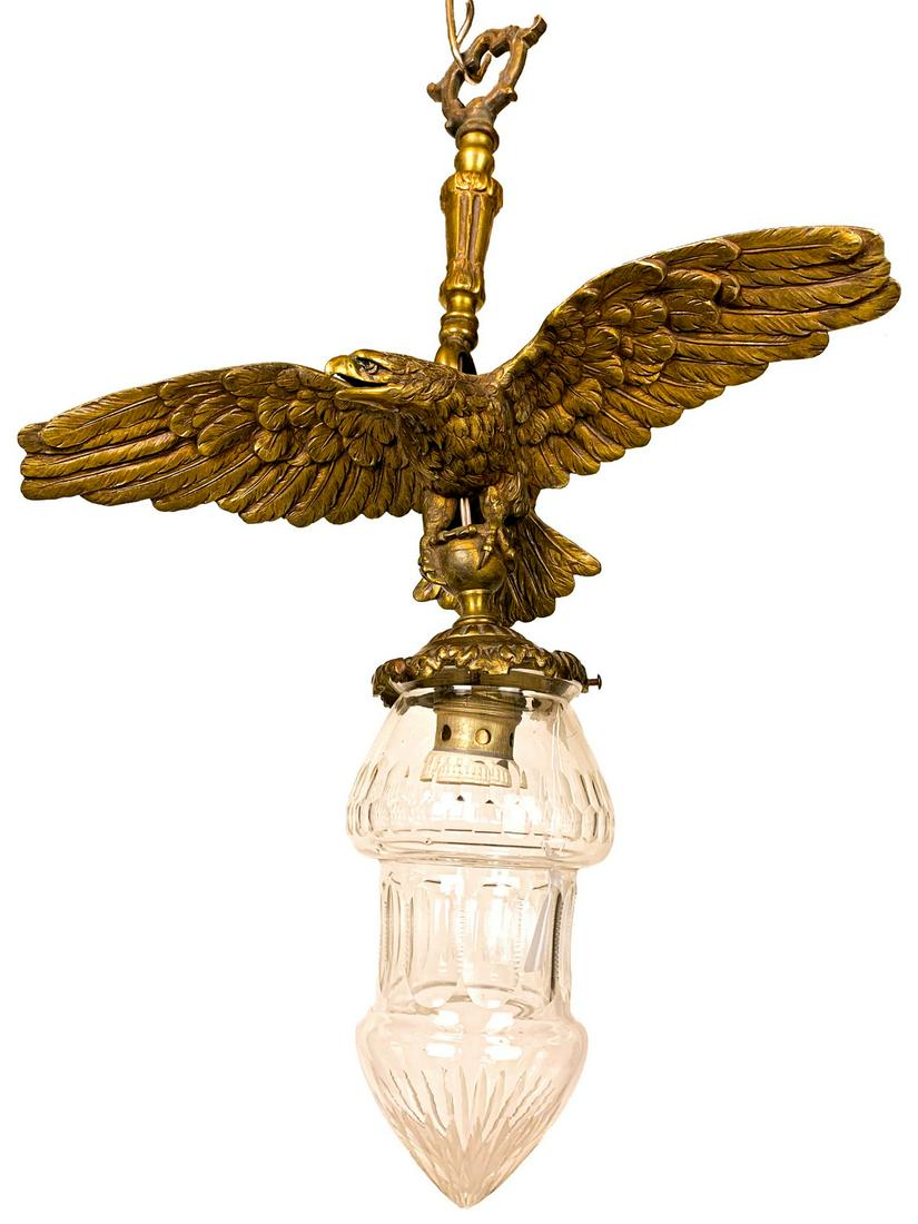 Antique French bronze & glass eagle chandelier: Antique French bronze & glass eagle chandelier. 20 1/8 H x 14 W. TO SHIP THIS ITEM IN USA OR INTERNATIONAL, PLEASE CONTACT THE SHIPPERS : 1) UPS store1937- David Reiser -754-263-0780, auctions1937@gma