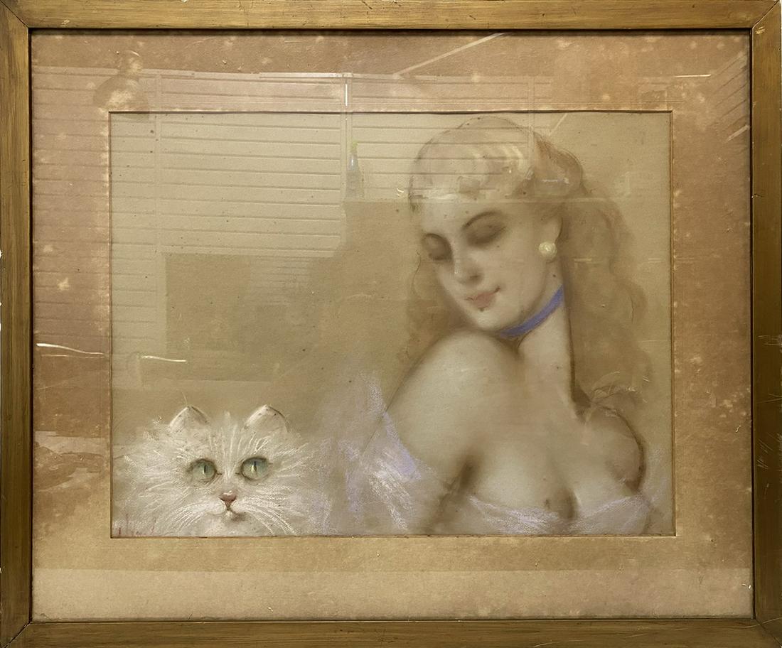 Old European pastel painting, illegible signature (1 of 4)