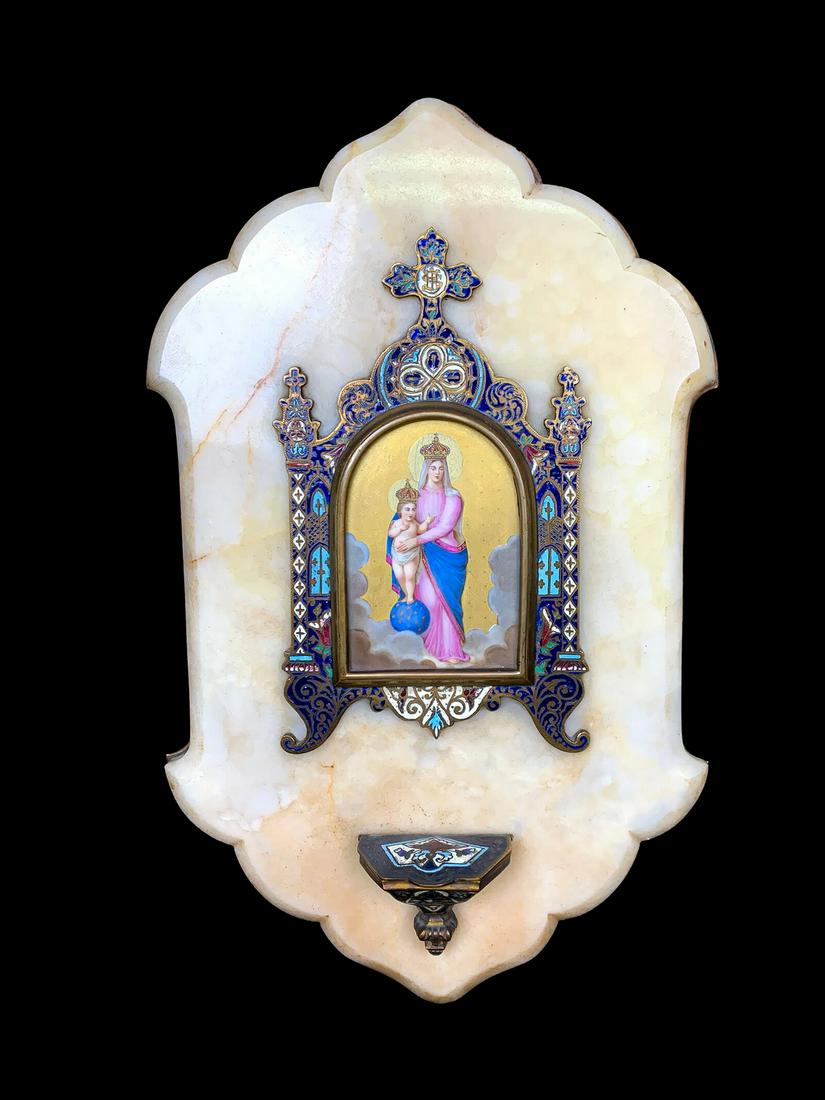 Antique bronze champleve enamel & onyx Religious plaque (1 of 7)