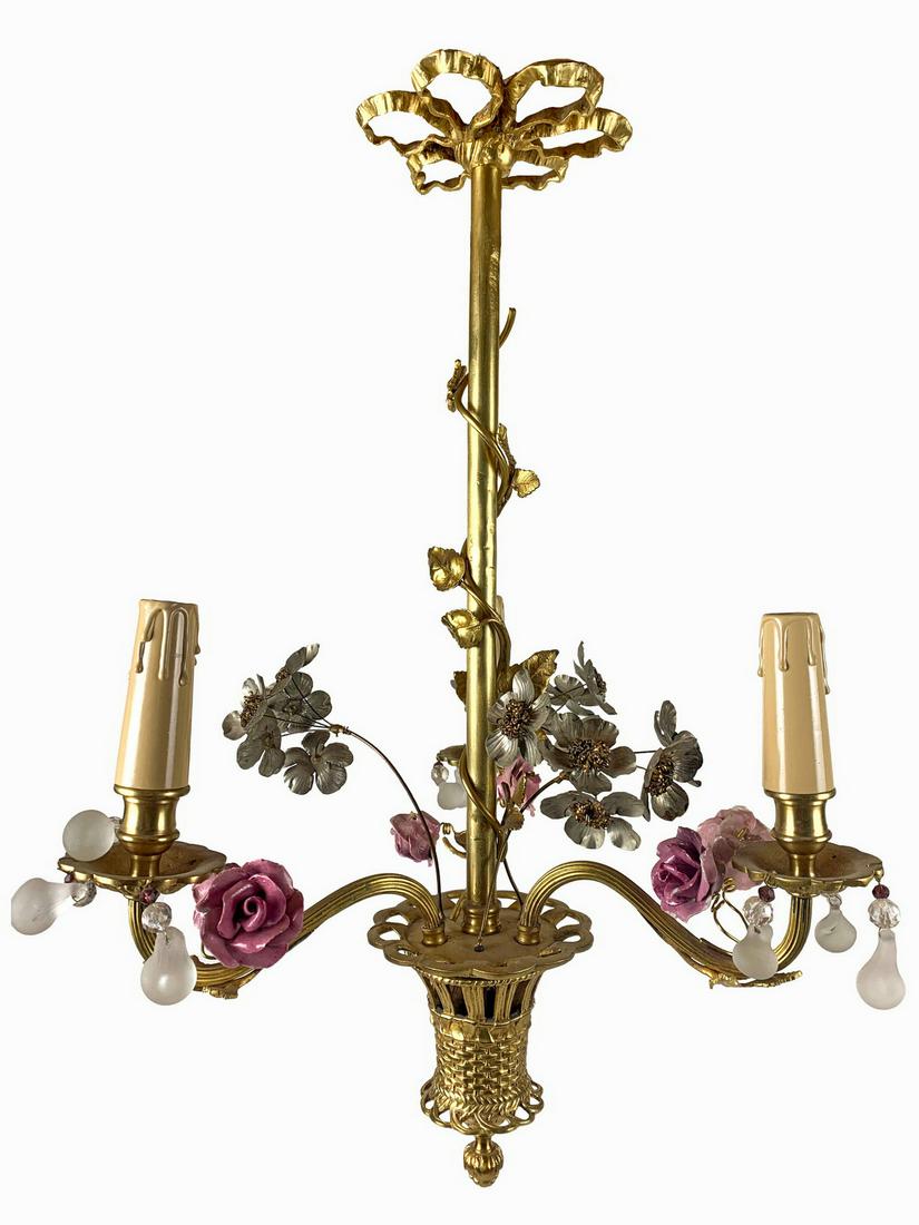 Antique French bronze, porcelain & glass chandelier: Antique French bronze, porcelain & glass chandelier. 23 1/2 H x 16 W. TO SHIP THIS ITEM IN USA OR INTERNATIONAL, PLEASE CONTACT THE SHIPPERS : 1) UPS store1937- David Reiser -754-263-0780, auctions193