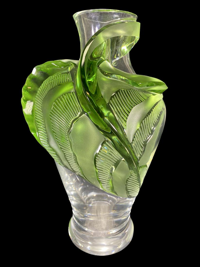 Lalique, France Tanega green & clear leaf  crystal vase (1 of 7)