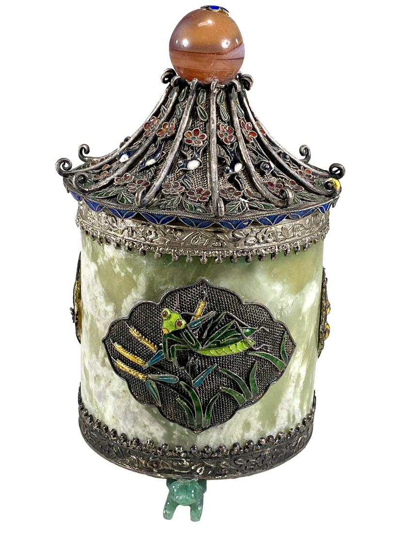 Chinese Export silver, jade, agate & enamel box (1 of 10)