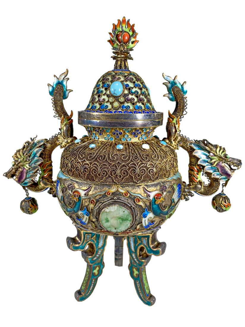 Chinese Export silver, jade, turquoise & enamel urn (1 of 14)