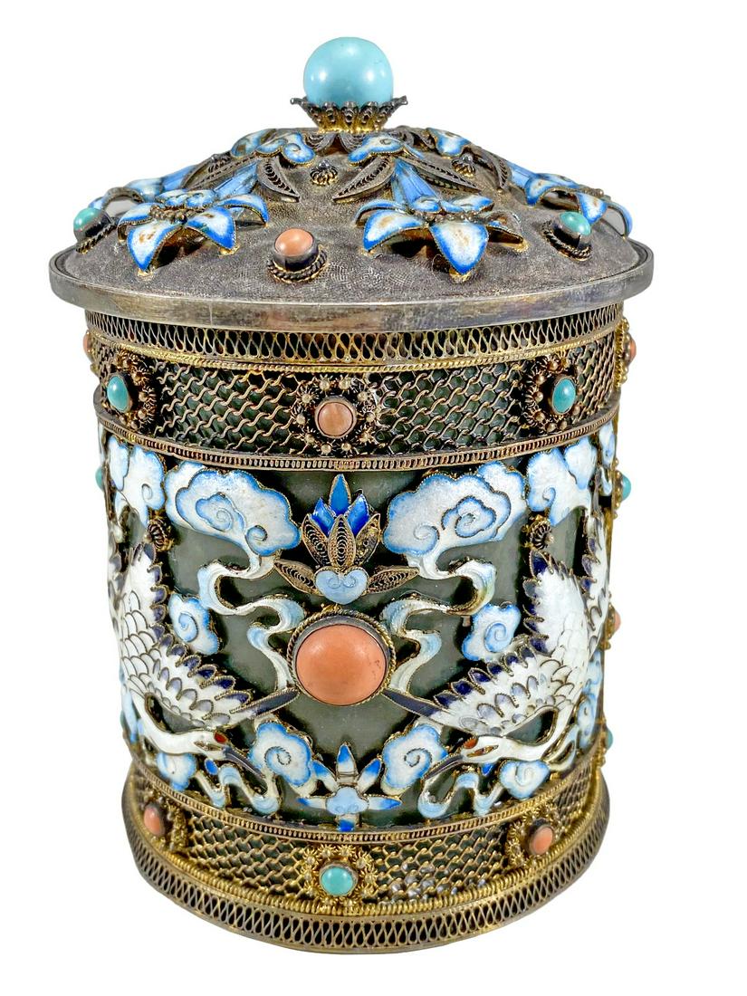 Chinese Export filigree silver, coral, turquoise & enamel box (1 of 11)