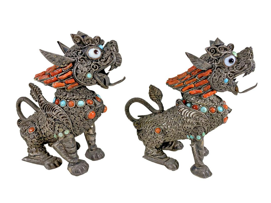 2 Chinese Export silver, coral, turquoise & enamel Foodogs (1 of 9)