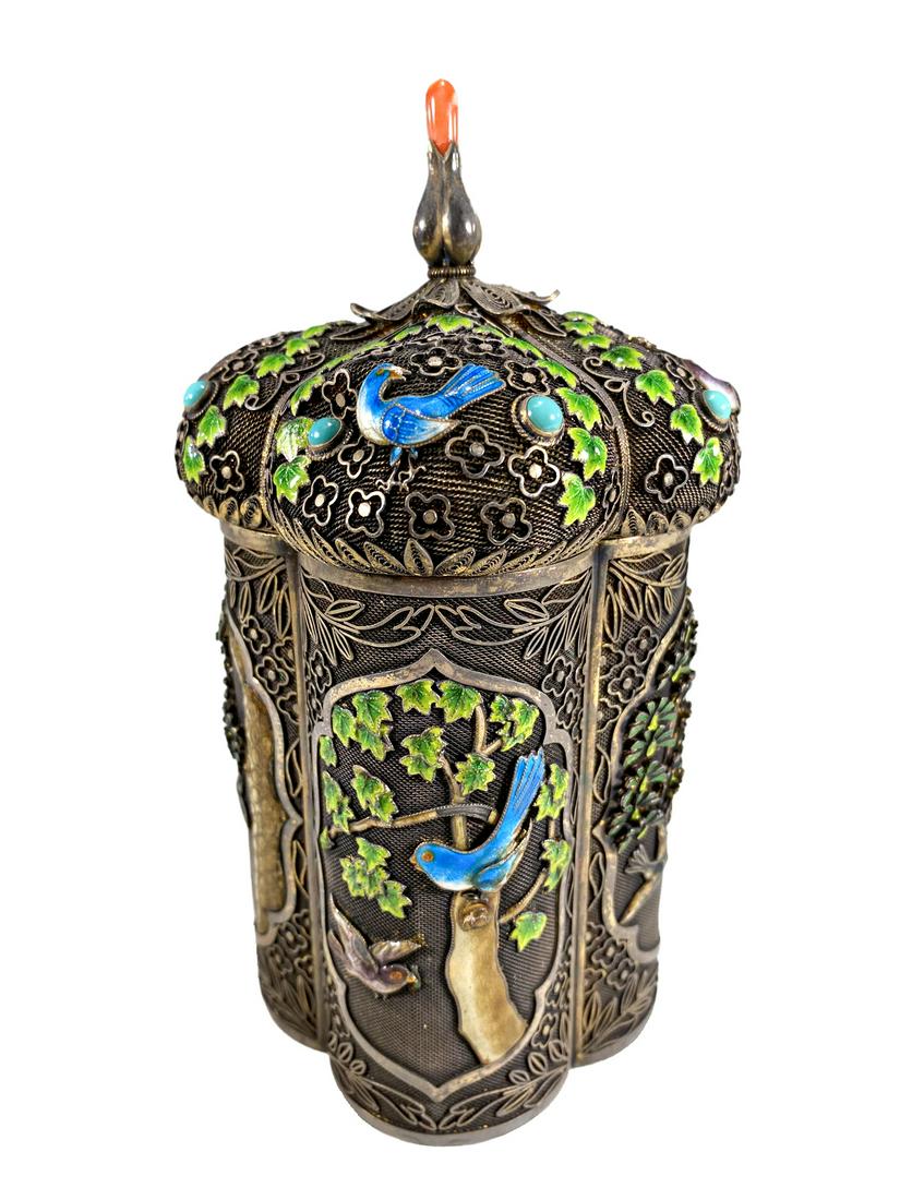 Chinese Export filigree silver, coral, turquoise & enamel box (1 of 12)