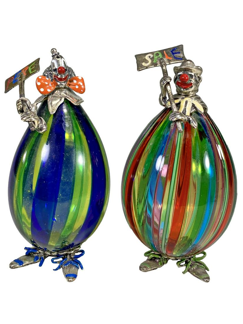Vittorio Angini pair of Murano & 800 Silver Clowns: Vittorio Angini pair of Murano & 800 Silver Clowns. 4 1/4 x 2 1/8 in. TO SHIP THIS ITEM IN USA OR INTERNATIONAL, PLEASE CONTACT THE SHIPPERS : 1) UPS store1937- David Reiser -754-263-0780, auctions193