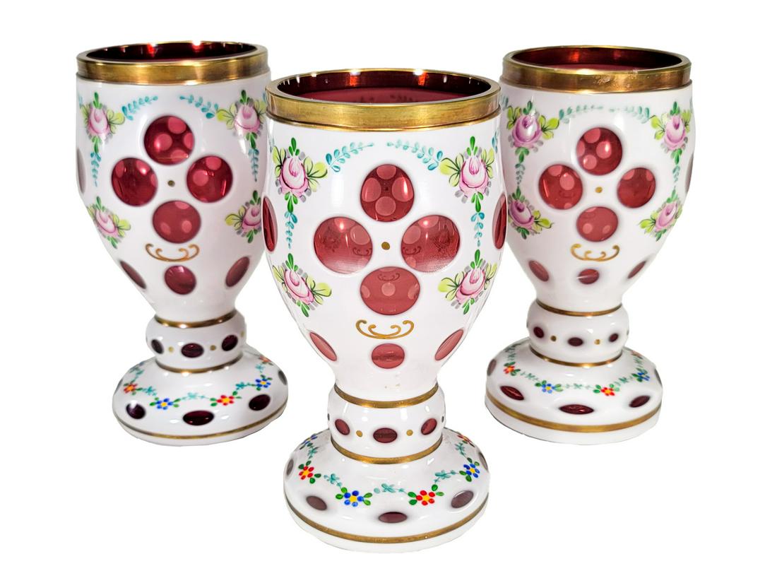 3 Bohemian White overlay cut to clear goblets (1 of 5)