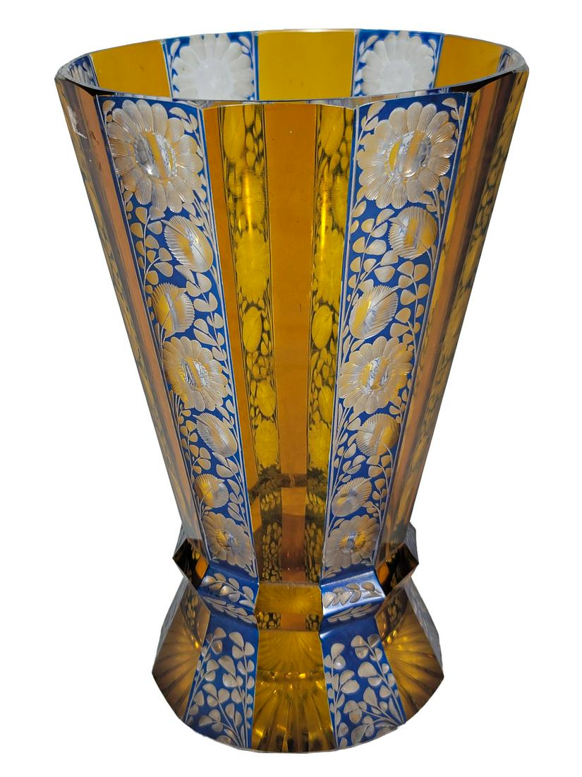 Moser style blue cut to clear & orange glass vase (1 of 7)