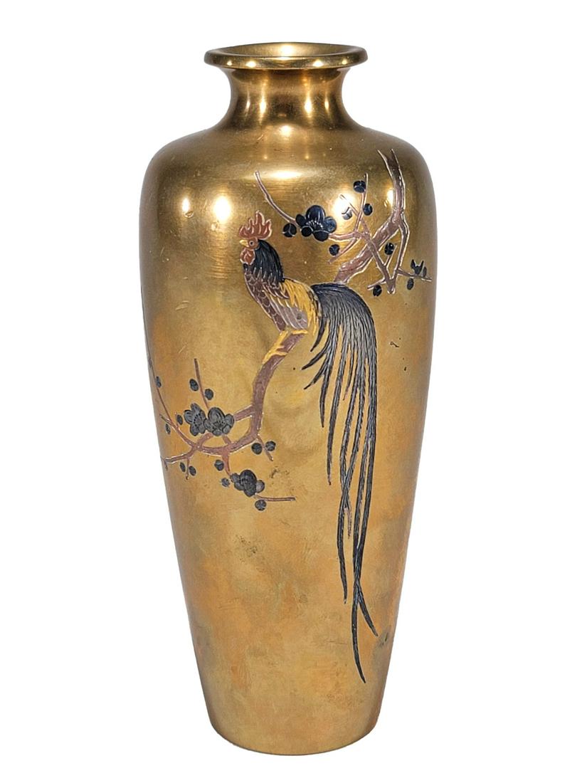 Japanese engraved gilt bronze vase with rooster (1 of 4)