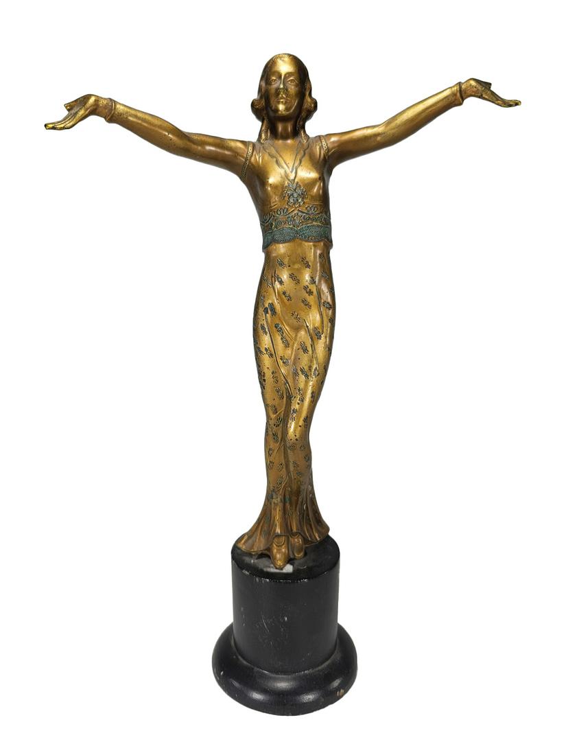Art Deco gilt bronze & wood sculpture: Art Deco gilt bronze & wood sculpture. 14 1/4 x 8 1/2 x 3 3/8 in including base. TO SHIP THIS ITEM IN USA OR INTERNATIONAL, PLEASE CONTACT THE SHIPPERS : 1) UPS store1937- David Reiser -754-263-0780, 