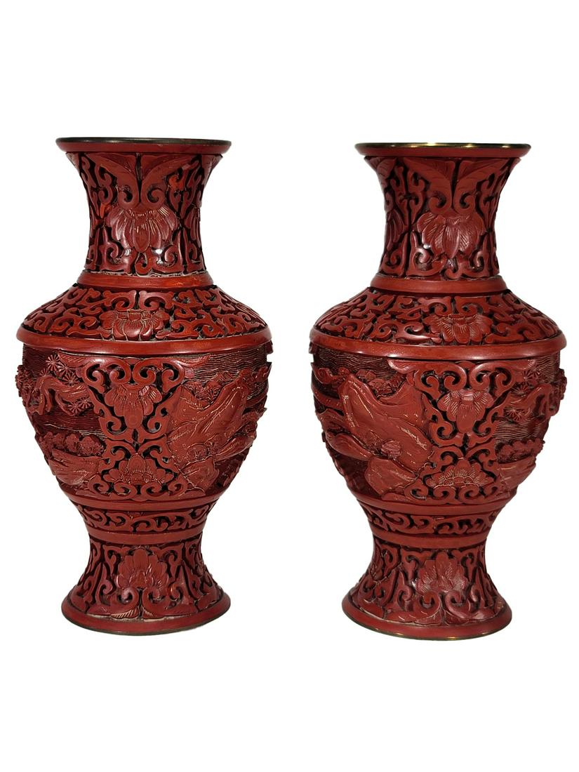 Chinese pair of cinnabar vases (1 of 4)