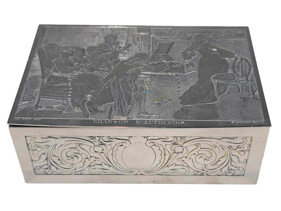 French Engraved Box by B. WICKER: French Engraved Box by B. WICKER. 1 3/4 x 5 x 3 1/4 in. TO SHIP THIS ITEM IN USA OR INTERNATIONAL, PLEASE CONTACT THE SHIPPERS : 1) UPS store1937- David Reiser -754-263-0780, auctions1937@gmail.com, 2