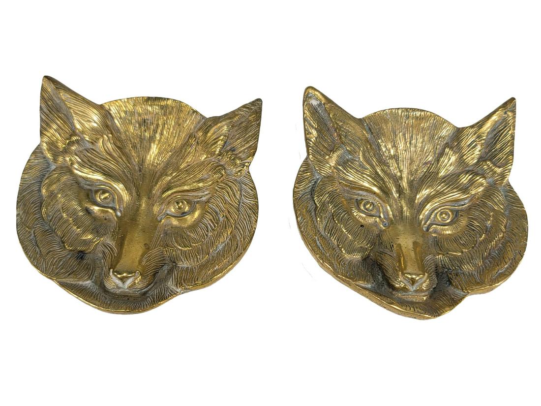 Vintage pair of Wolf Faces Bronze Sculptures (1 of 3)