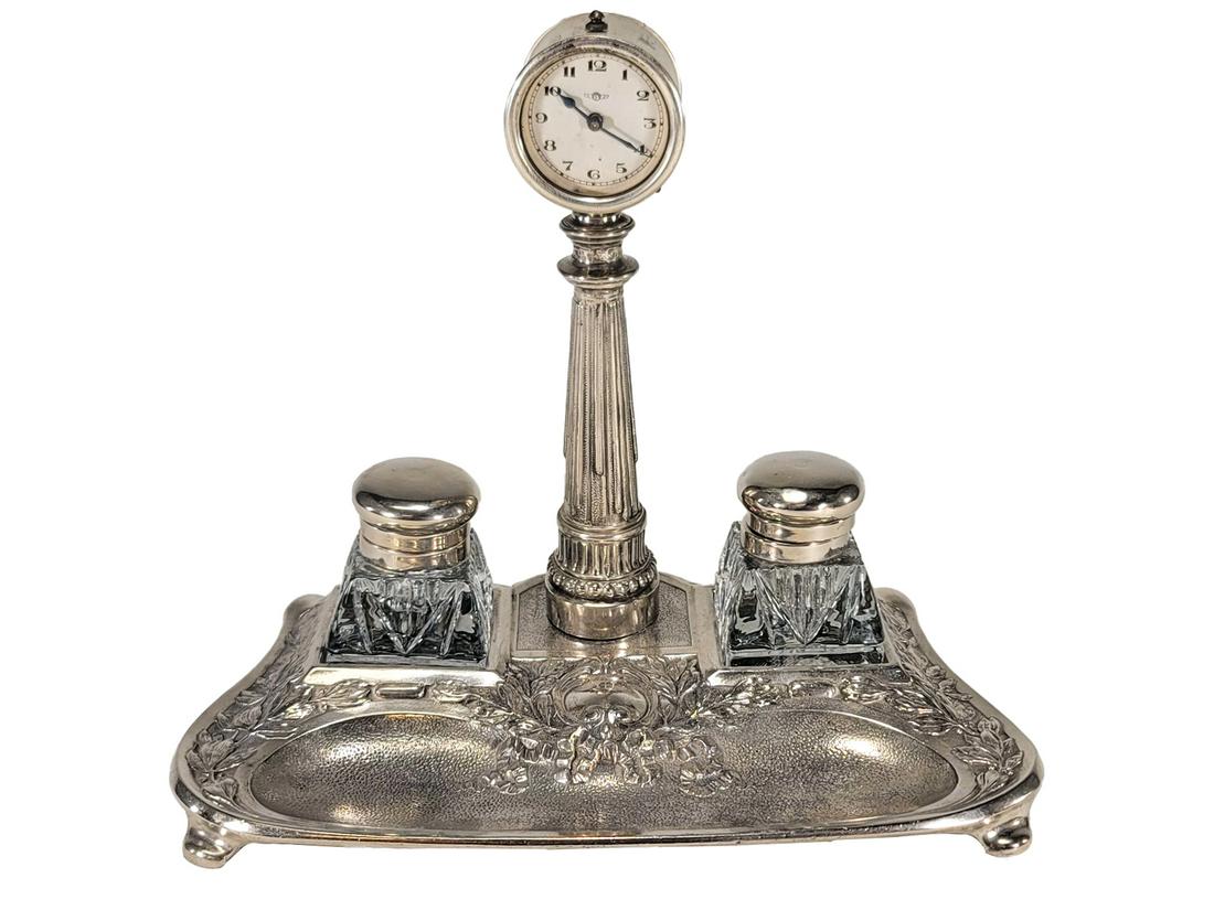 Marked RM Bronze Silverplate Inkwell & Clock (1 of 7)