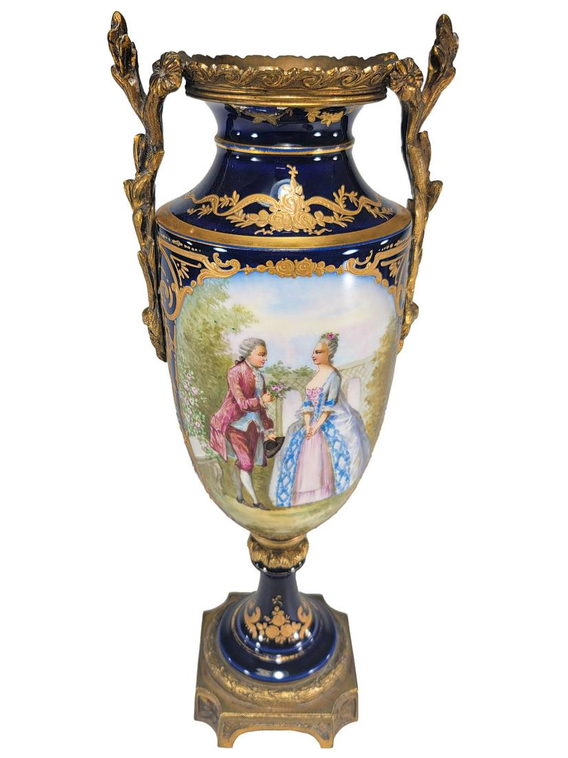 Antique French Sevres Porcelain & Bronze Urn: Antique French Sevres Porcelain & Bronze Urn. 13 3/4 x 4 3/4 x 4 1/8 in. TO SHIP THIS ITEM IN USA OR INTERNATIONAL, PLEASE CONTACT THE SHIPPERS : 1) UPS store1937- David Reiser -754-263-0780, auctions