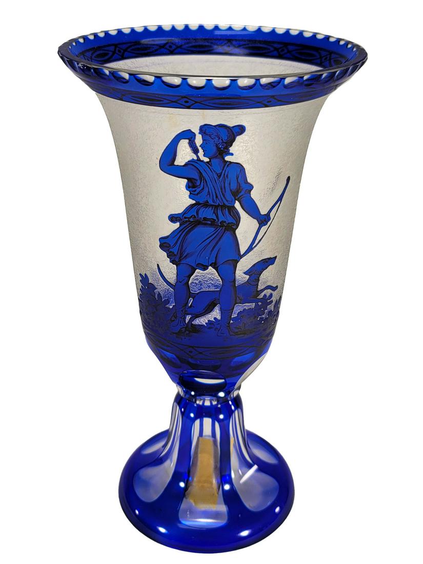 Blue Cut to Clear & Engraved Glass Vase (1 of 5)