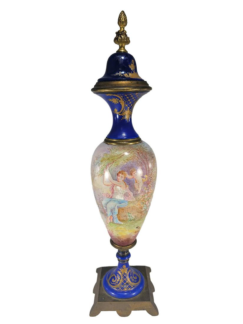 Antique French Sevres Porcelain & Bronze Urn: Antique French Sevres Porcelain & Bronze Urn. 16 x 3 7/8 x 3 7/8 in. TO SHIP THIS ITEM IN USA OR INTERNATIONAL, PLEASE CONTACT THE SHIPPERS : 1) UPS store1937- David Reiser -754-263-0780, auctions1937