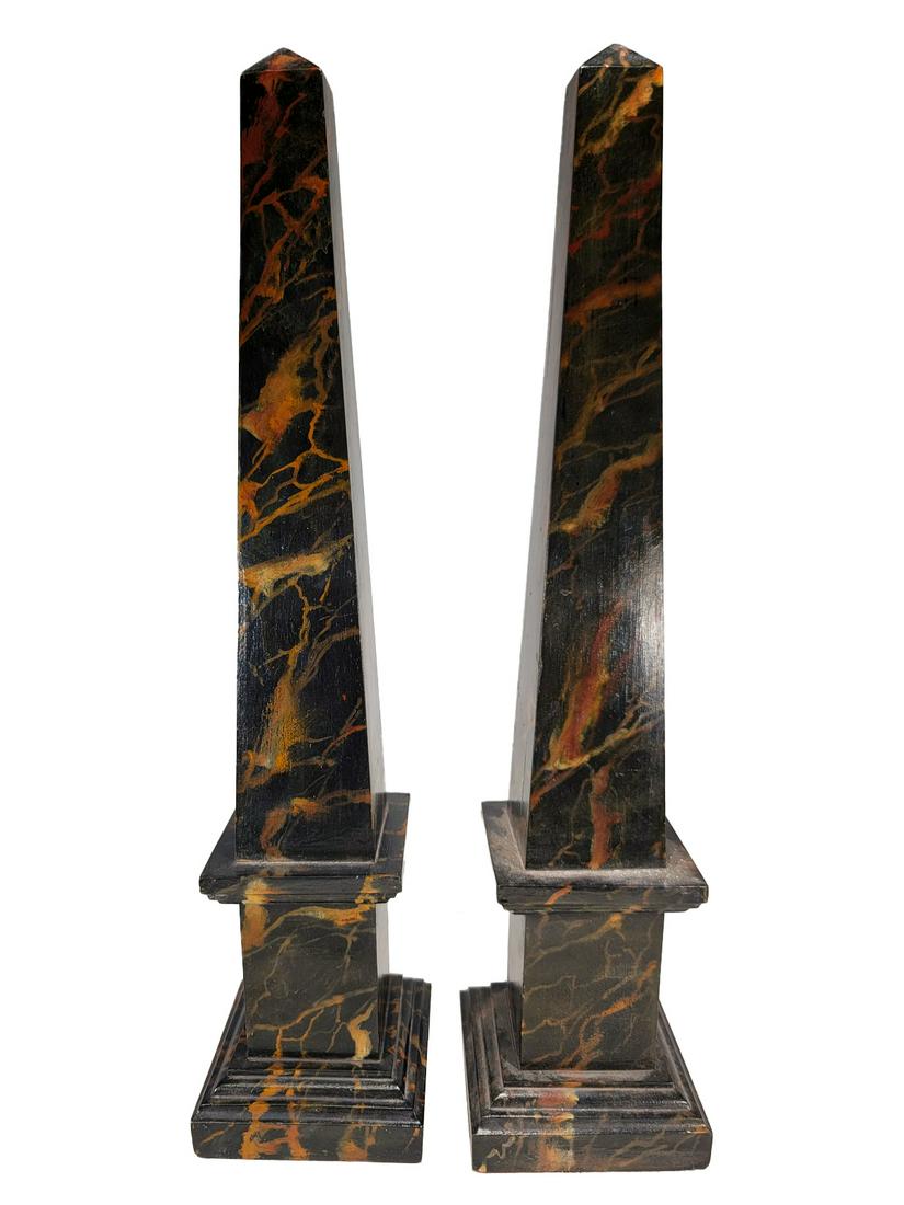 Old pair of Painted Wood Obelisks: Old pair of Obelisks. 21 x 4 5/8 in. TO SHIP THIS ITEM IN USA OR INTERNATIONAL, PLEASE CONTACT THE SHIPPERS : 1) UPS store1937- David Reiser -754-263-0780, auctions1937@gmail.com, 2) Pakmail: Meric Do