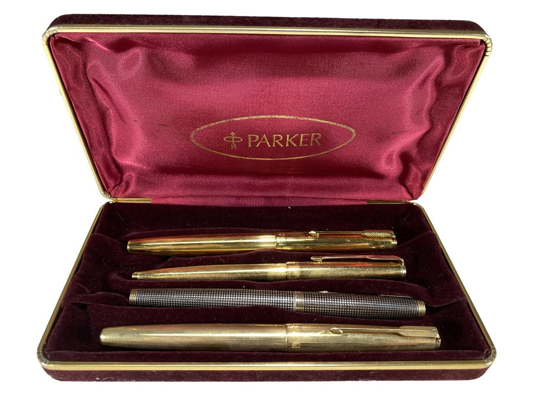 3 Parker 61 & 1 Sterling: 3 Parker 61 & 1 Sterling. Box: 1 x 7 x 4 in. TO SHIP THIS ITEM IN USA OR INTERNATIONAL, PLEASE CONTACT THE SHIPPERS : 1) UPS store1937- David Reiser -754-263-0780, auctions1937@gmail.com, 2) Pakmail: 