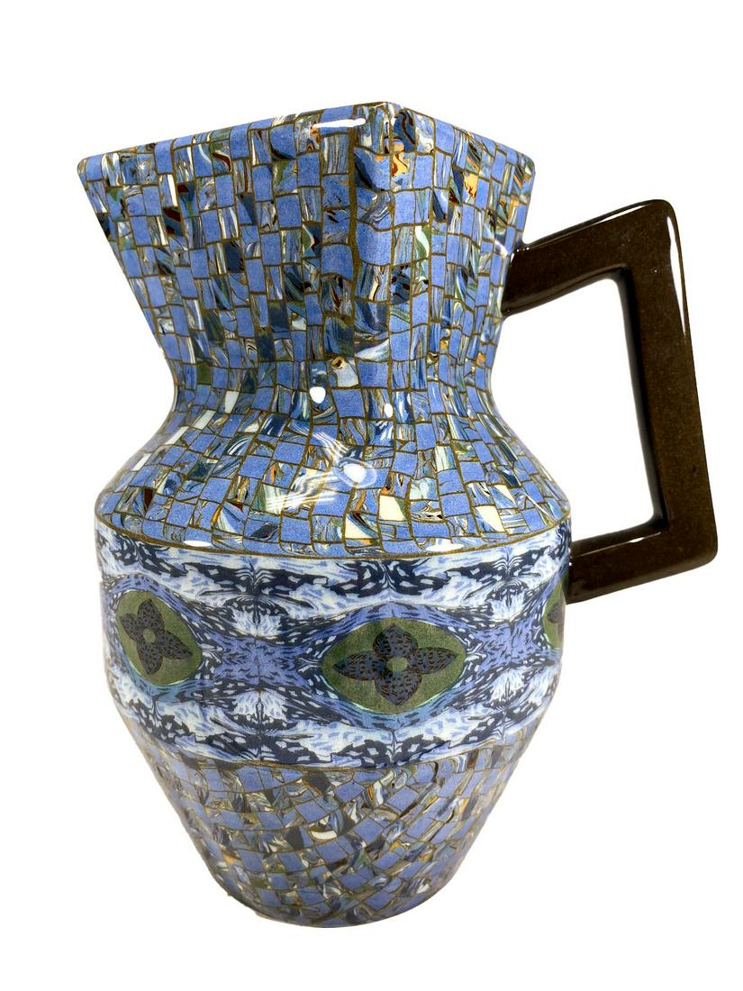 French Gerbino Vallauris Mosaic Pottery Jug: French Gerbino Vallauris Mosaic Pottery Jug. 7 3/4 x 6 3/8 x 4 5/8 in. TO SHIP THIS ITEM IN USA OR INTERNATIONAL, PLEASE CONTACT THE SHIPPERS : 1) UPS store1937- David Reiser -754-263-0780, auctions19