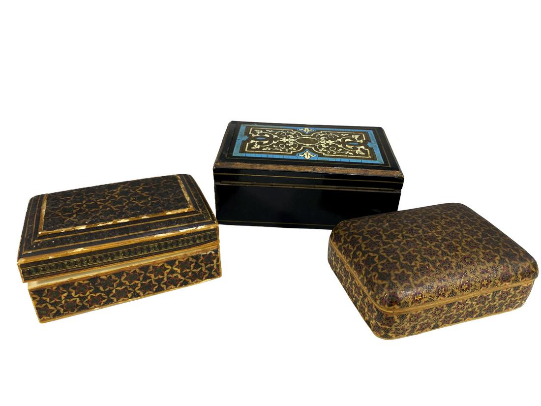 3 Orientalist Wood Boxes: 3 Orientalist Wood Boxes. 2 x 5 x 3 1/8, 1 5/8 x 4 x 2 7/8 and 1 3/8 x 4 x 2 7/8 in. TO SHIP THIS ITEM IN USA OR INTERNATIONAL, PLEASE CONTACT THE SHIPPERS : 1) UPS store1937- David Reiser -754-263-07