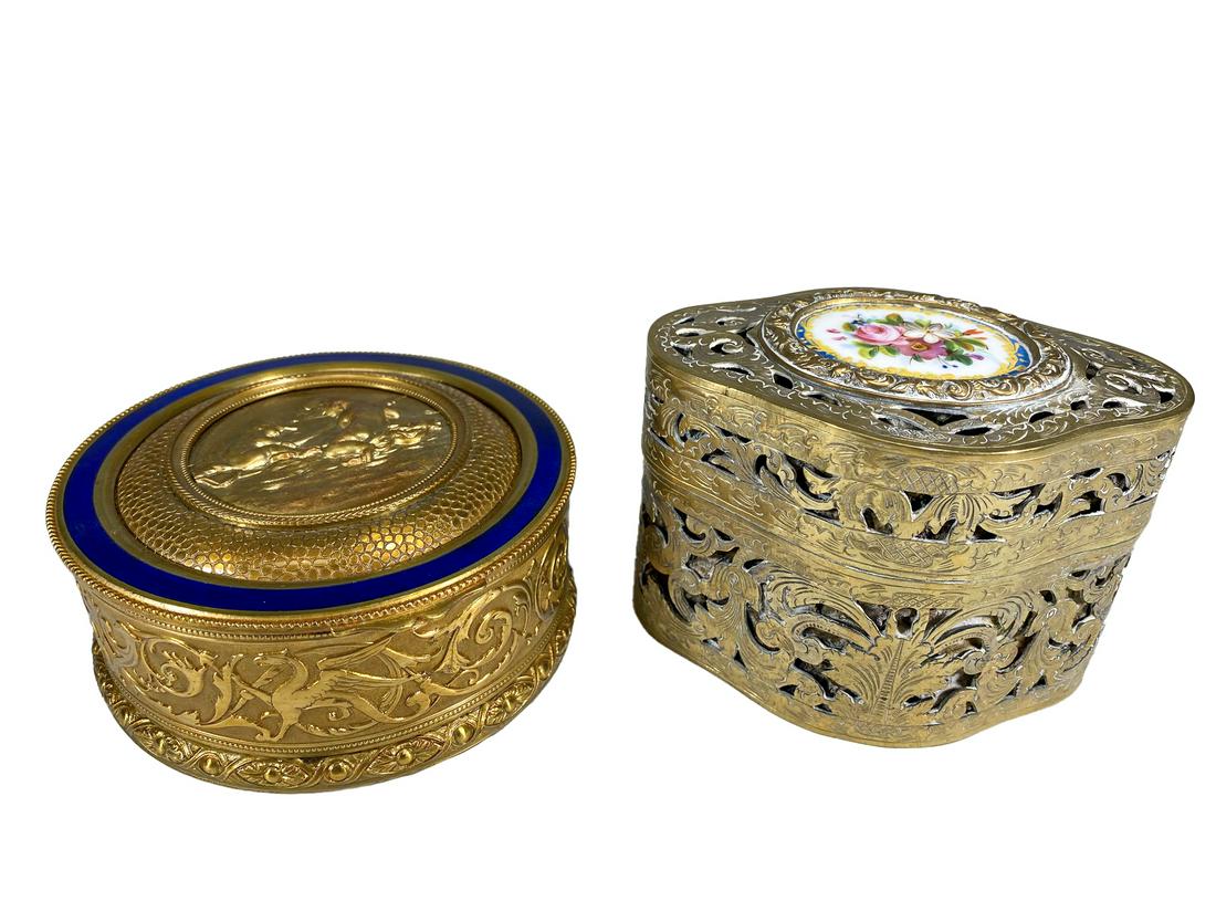 2 Antique French Gilt Bronze, Enamel & Porcelain Boxes (1 of 12)