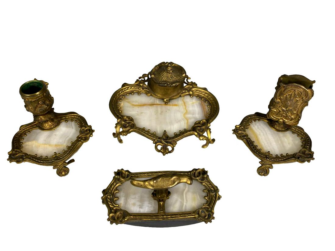 Antique Gilt Bronze & Onyx Inkwell Desk Set (1 of 8)