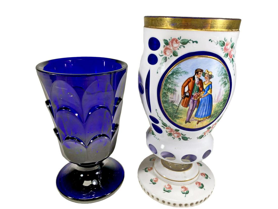 2 White Overlay Cut to Clear & Blue Glass Vases (1 of 9)