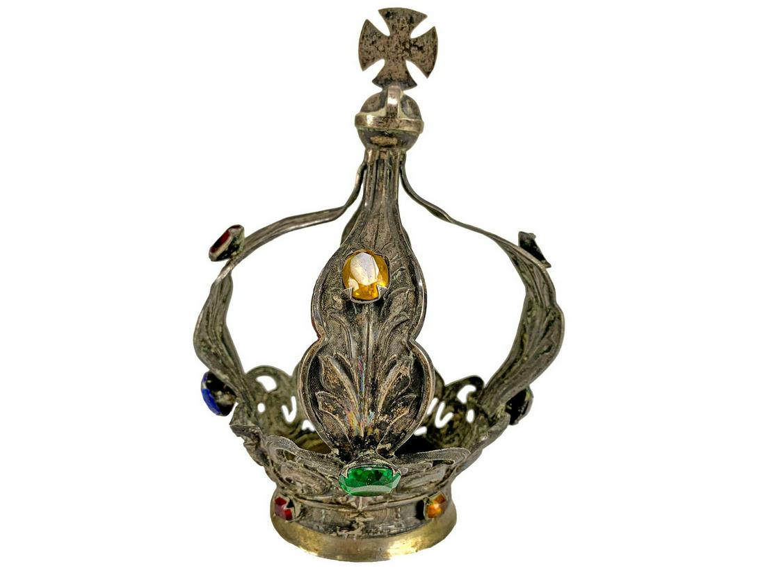 Antique European silver & glass stones crown: Antique European silver & glass stones crown. 5 1/4 x 3 5/8 in. Weight: 83 grams. TO SHIP THIS ITEM IN USA OR INTERNATIONAL, PLEASE CONTACT THE SHIPPERS : 1) UPS store1937- David Reiser -754-263-0780,