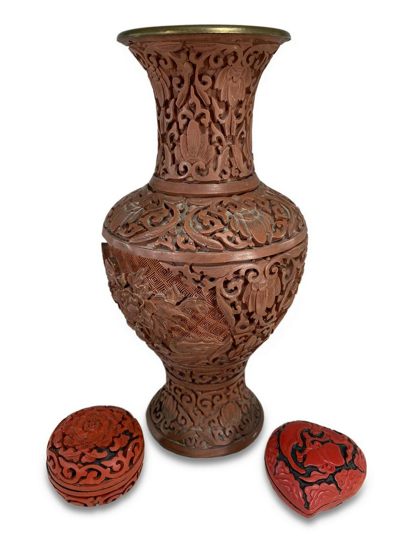 Chinese set of 3 cinnabar pieces (1 of 5)